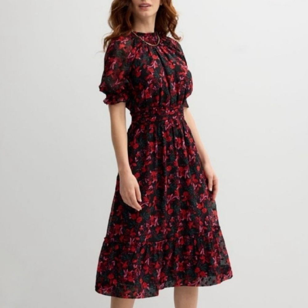 Draper James Black Midi Dress with Red Floral Print